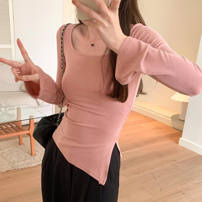 Korean Style Simple Pure Desire Square Round Neck Long-sleeved T-shirt Women's Autumn Waist Slit Top Slim-fit Bell-sleeved Bottoming Shirt