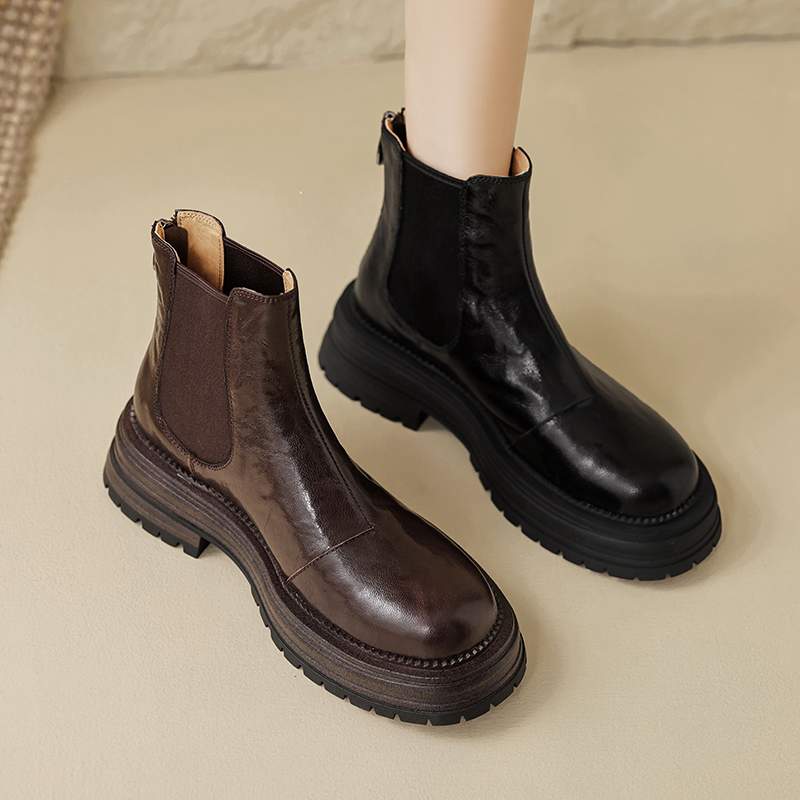 Krazing Pot Sheep Skin Round Toe Winter Med Heels Chelsea Boots Women Zipper Retro Fashion Platform Ankle Boots