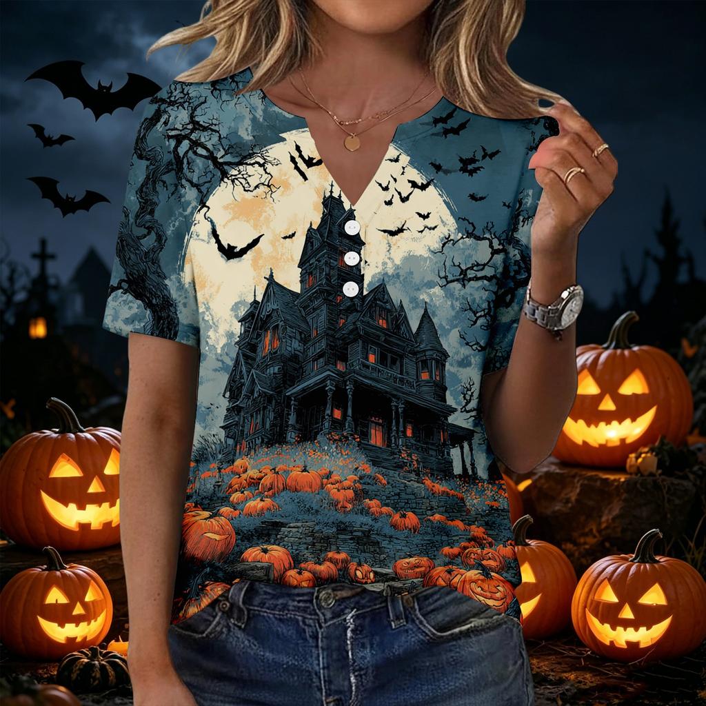Women's Casual Halloween Print V Neck Short Sleeve Button Front Top Lightweight Comfortable Fit