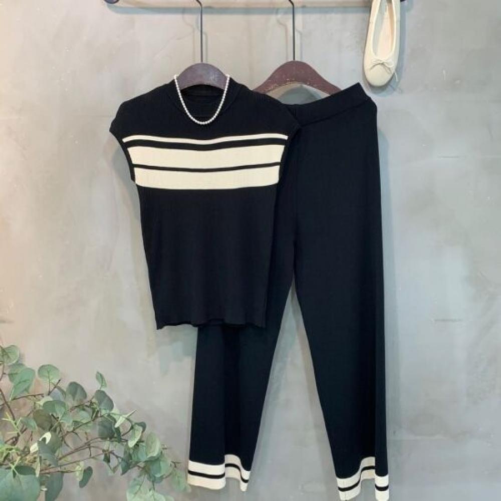 C S In The Room Fru lIne Cap Sleeve Knit bandIng Wide pantS Set 2Color