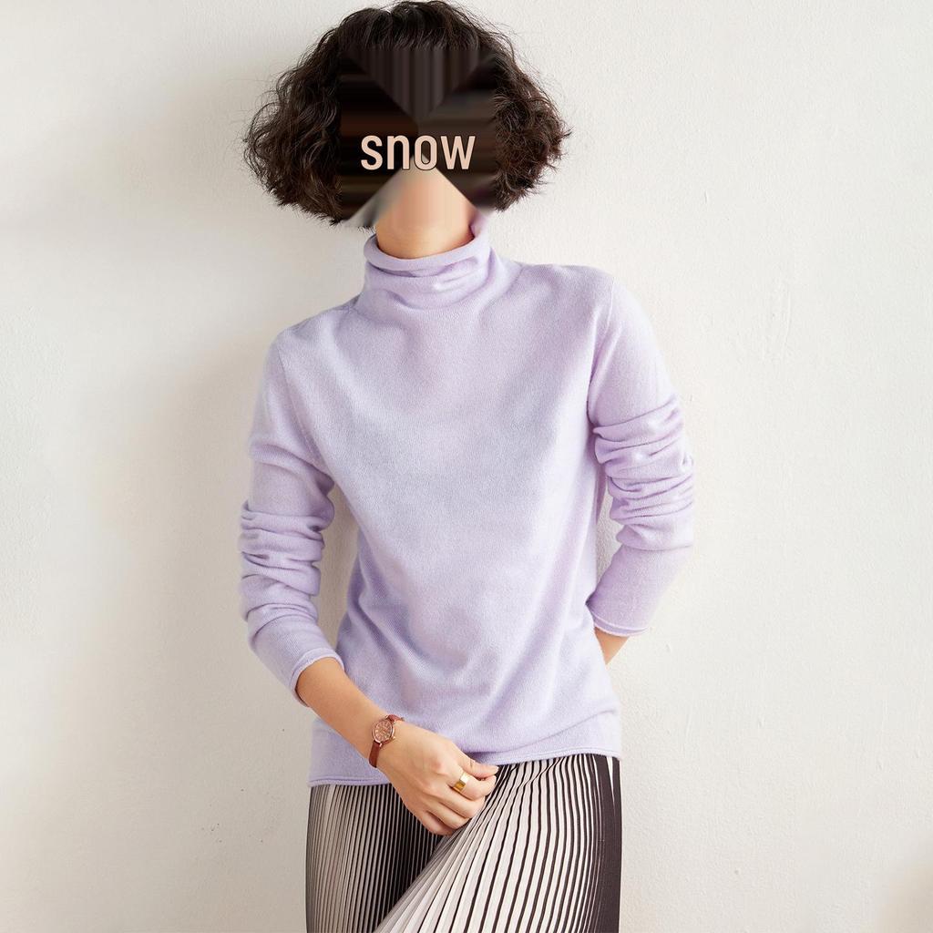 Women's Solid Color Cashmere High Neck Sweater - Loose Knit, Seamless Wool Base Layer
