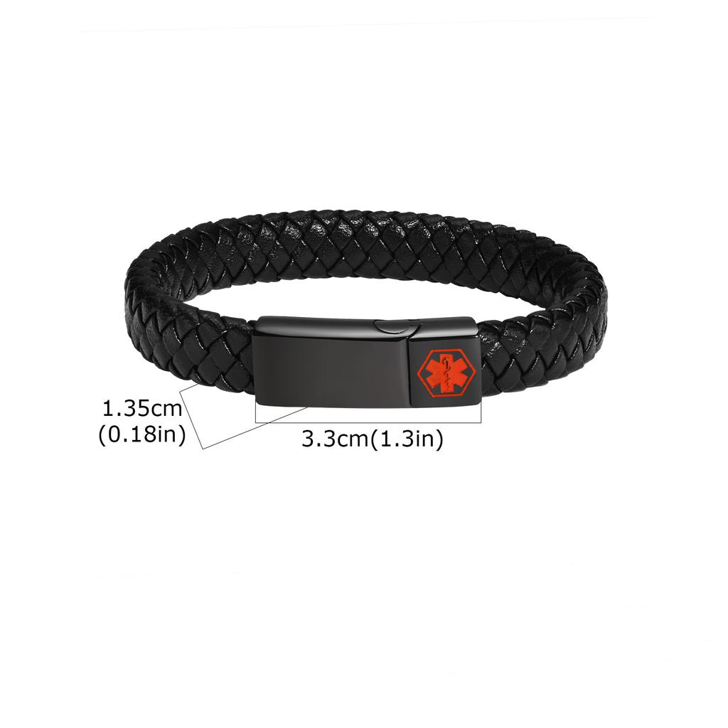 Bracelet d'identification médicale d'alerte gravé personnalisé, Bracelet jonc en cuir tressé à boucle magnétique en acier inoxydable pour hommes