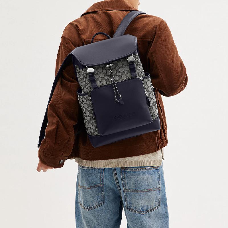 COACH League 27 classic old flower embossed logo flip closure large capacity fabric with cow leather backpack backpack large size men's blue and gray