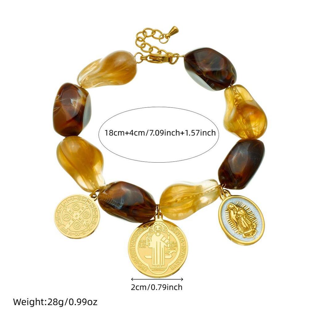 Retro High-End Color Block Resin Beaded Gold-Plated Enamel Oval Portrait Jewelry Set