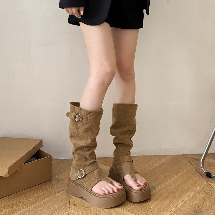 

Коричневые ретро носок крутые ботинки женские 2025 лето новые длинные трубы ботинки на платформе увеличивающие рост дышащие западные ботинки 40 хаки