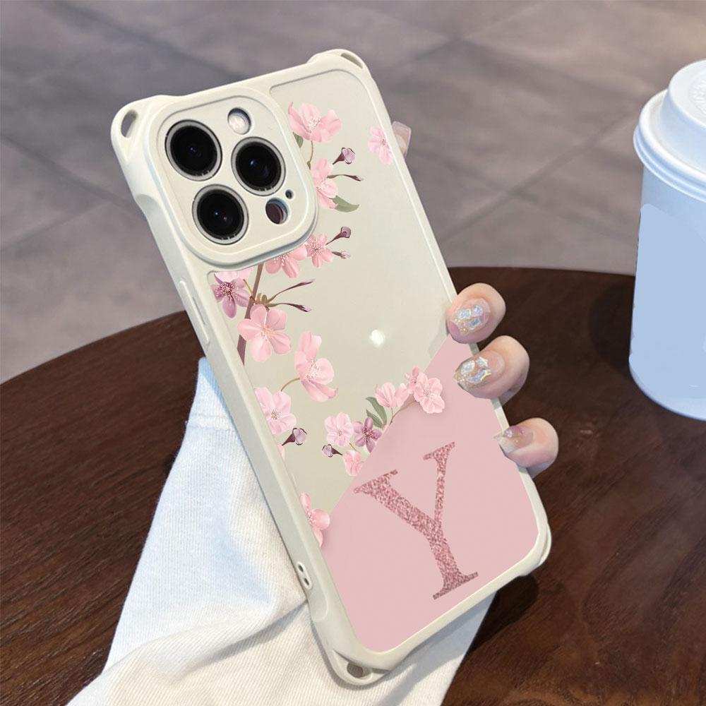 Pink Letter Peach Blossom Flower For Iphone 17 16 15 14 12 Phone Case Four Corner Anti Fall Protection Portable Hanging Rope