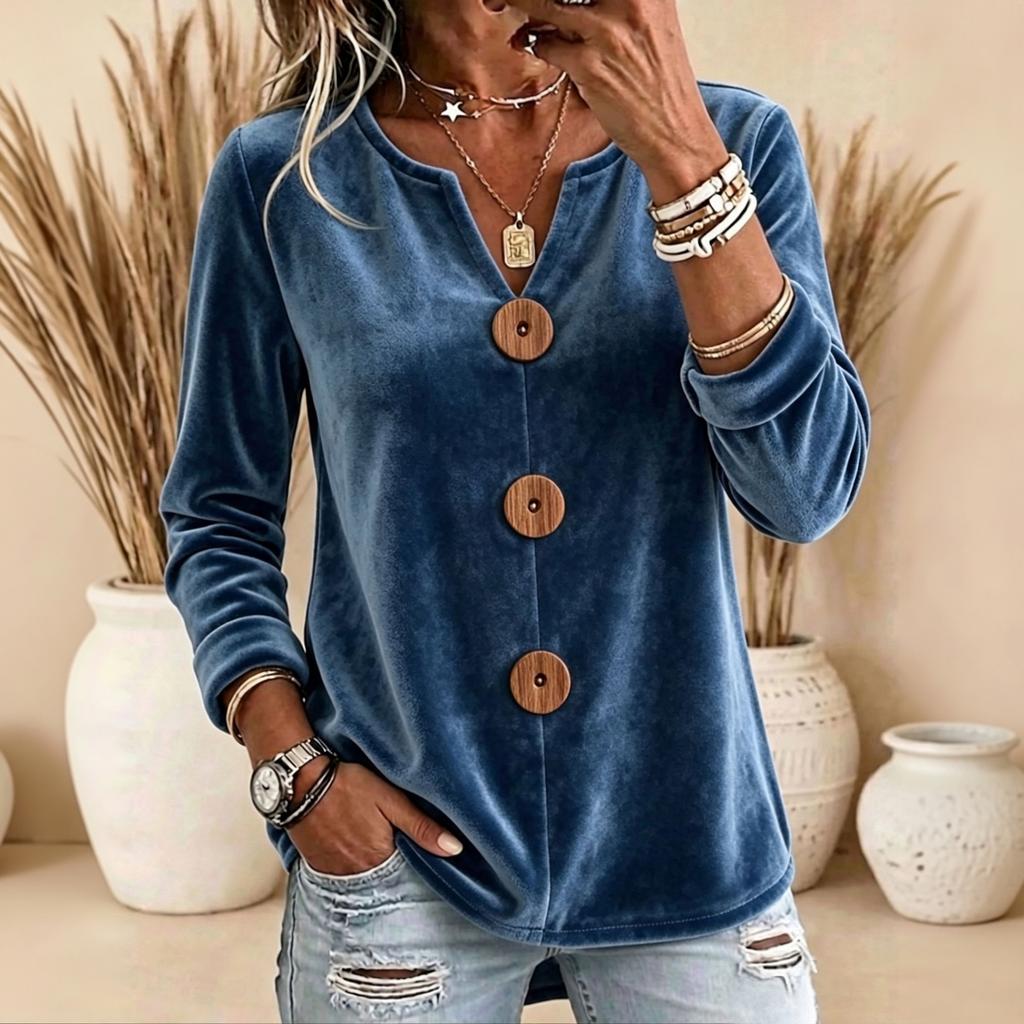 Women's Elegant Velvet Long Sleeve V-Neck Button Top for Work and Evening Wear