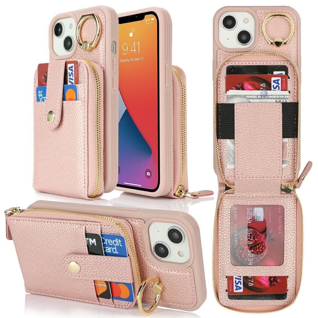For iPhone 14/13 Case with Zipper Pouch/Ring Kickstand/Strap Litchi Texture PU+TPU Phone Cover