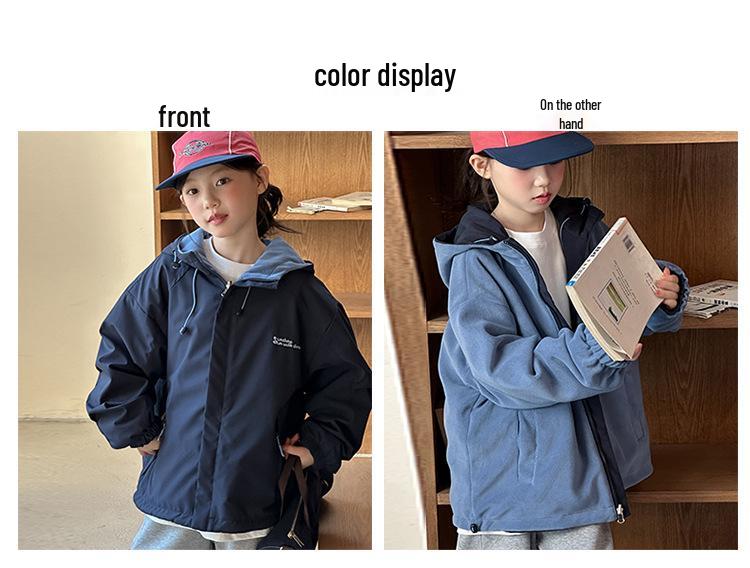 Girls' Korean Style Reversible Hooded Windbreaker: Trendy Spring/Autumn Jacket for Big Girls