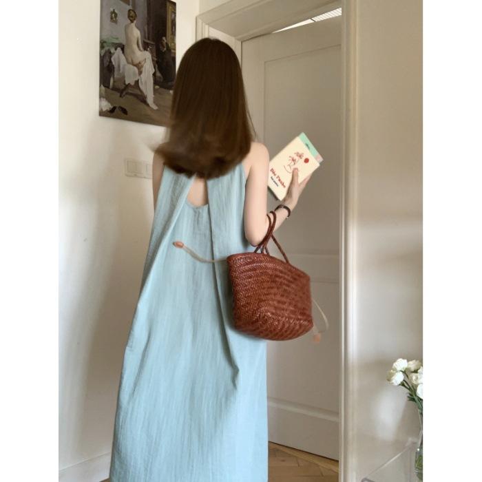 French backless sleeveless vest dress women's summer niche design sense neck sling long skirt texture advanced sense
