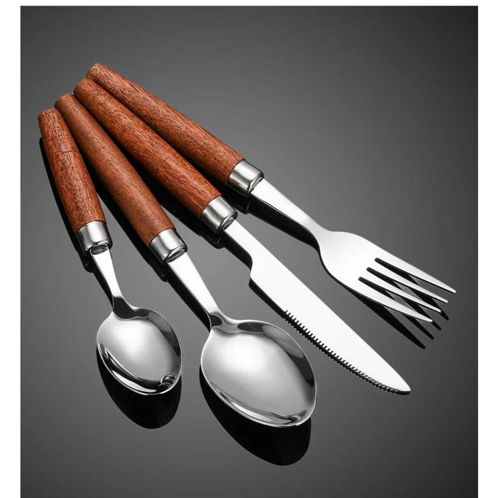 Set tacâmuri din oțel inoxidabil cu mâner de lemn, set veselă de bucătărie, veselă de masă occidentală, cu cuțit, furculiță, linguriță pentru ceai, pentru restaurant