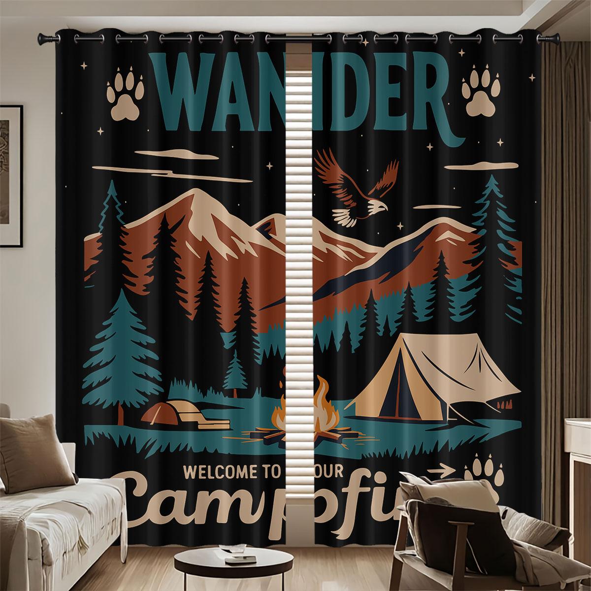 

Camping Printed Perforated Curtains Multiple Sizes Living Room Bedroom Home Decoration Easy Install Darkening Set Of 2 Made Polyester Area Decor W100*H70(CM)-Grommet top&2PCS
