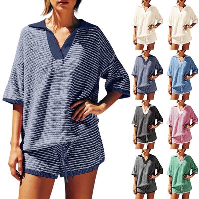 Women's Two-piece Set With Mid Sleeve V-neck Striped Knit Top, High Waisted Shorts, Casual Suit