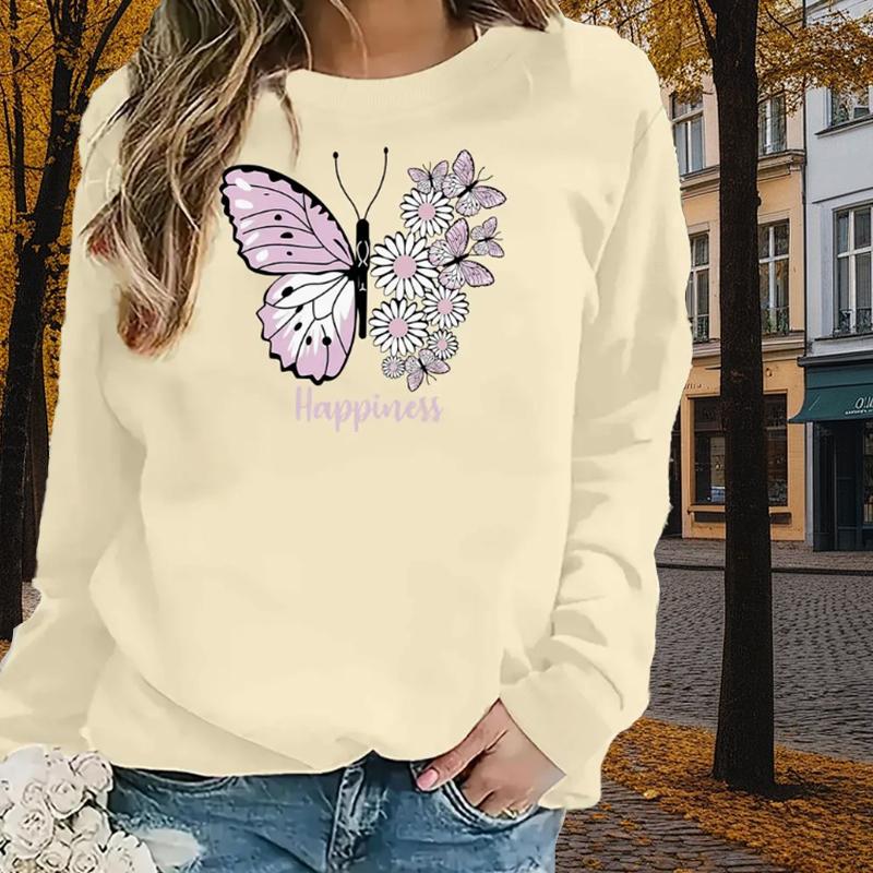 

Autumn&Spring Clothing Butterfly & Daisy Print Sweater Tops for Women Round Neck Long Sleeve