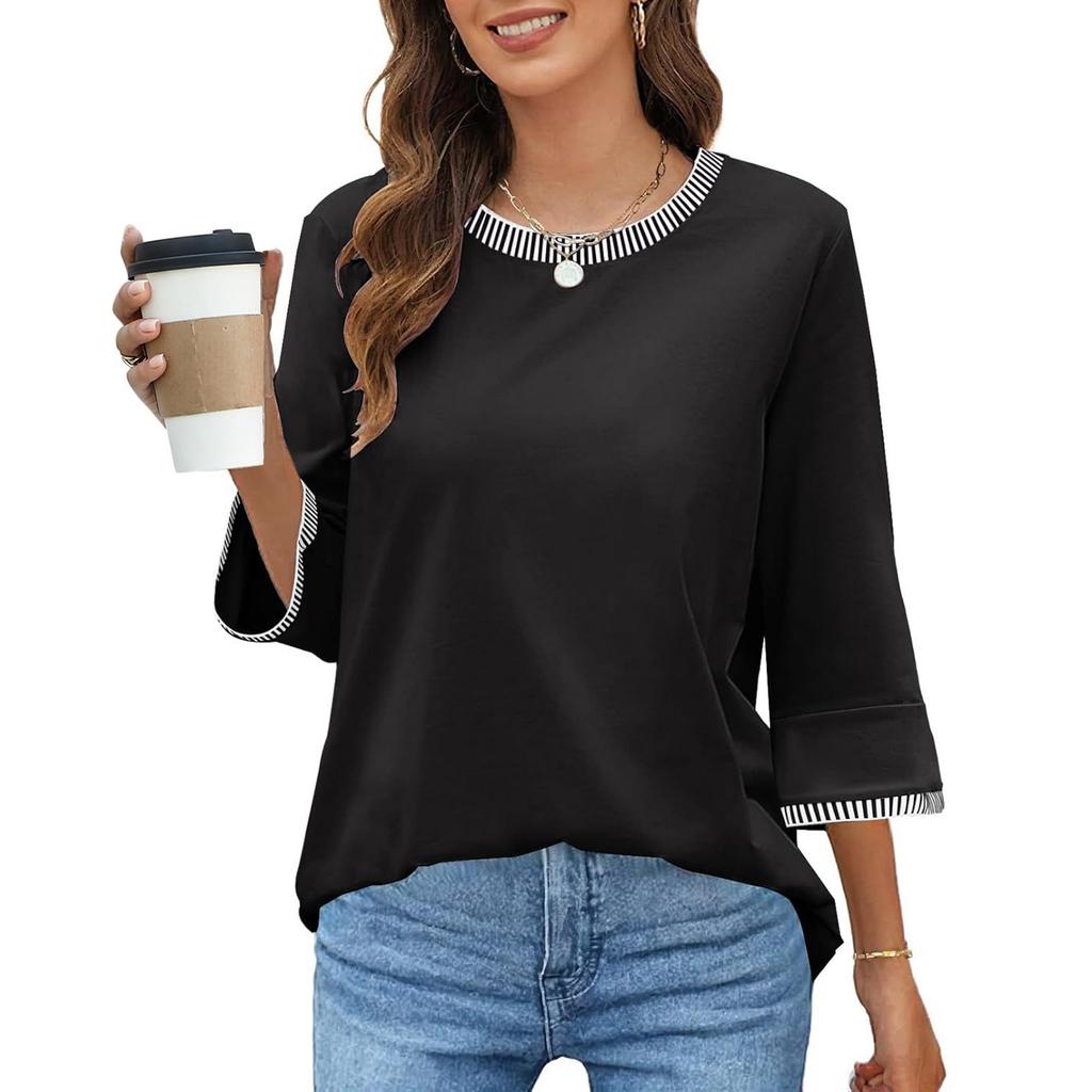 Women's Fashion Loose Round Neck Clashing Colour T-Shirt Seven Sleeve Top