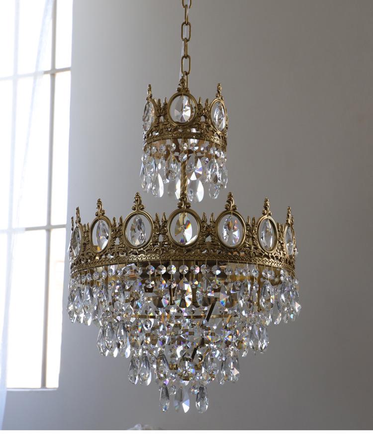 Vintage French Crown Crystal Chandelier - All-Copper Full Spectrum for Living Room, Bedroom, Entry, Bedside, or Wedding Décor.