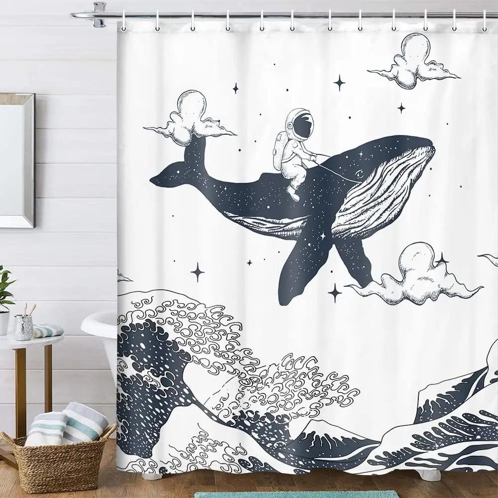 Funny Shower Curtain Brave Cat Cartoon Shower Curtain Waves Ocean Decor Fabric Shower Curtain Set with Hooks Bathroom Decoration