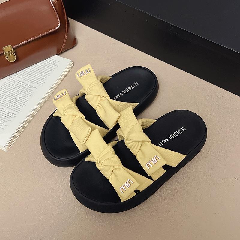 Bow-tie platform slippers women's summer outer wear new height-increasing one-word drag women's versatile beach shoes