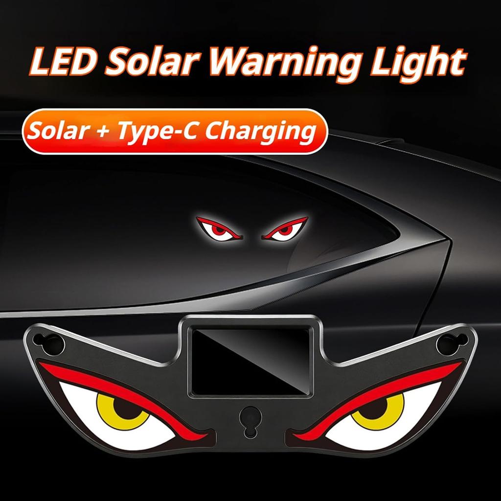 Solar Demon Eye LED Car Window Light, No Drill Led Eyes for Car Windshield, USB-C Powered Devil Eyes Warning Light for Cars Rear Window, Dynamic Rear