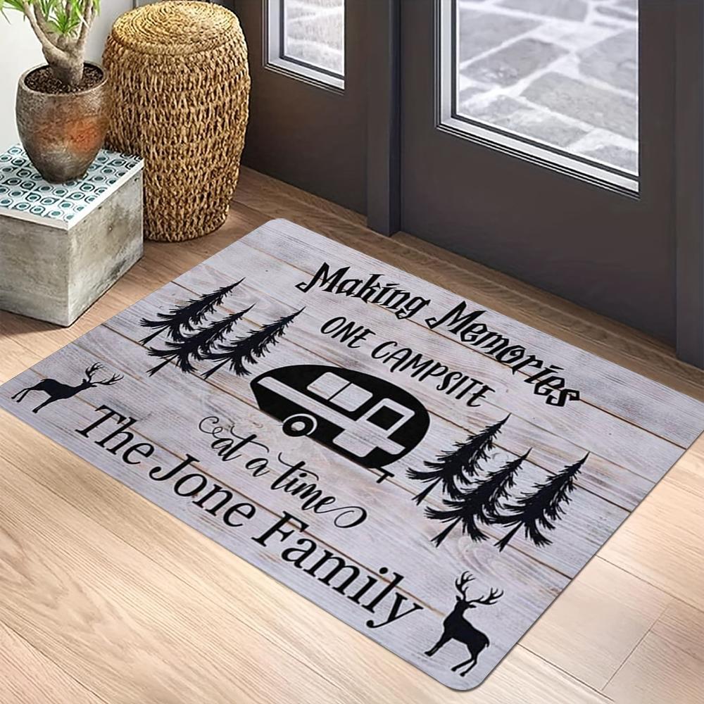 Family Camping Memories Carpet Mat with Deer Pine Tree Pattern Anti-Slip Rug Vintage Wood Design Home Decoration Floor Mat