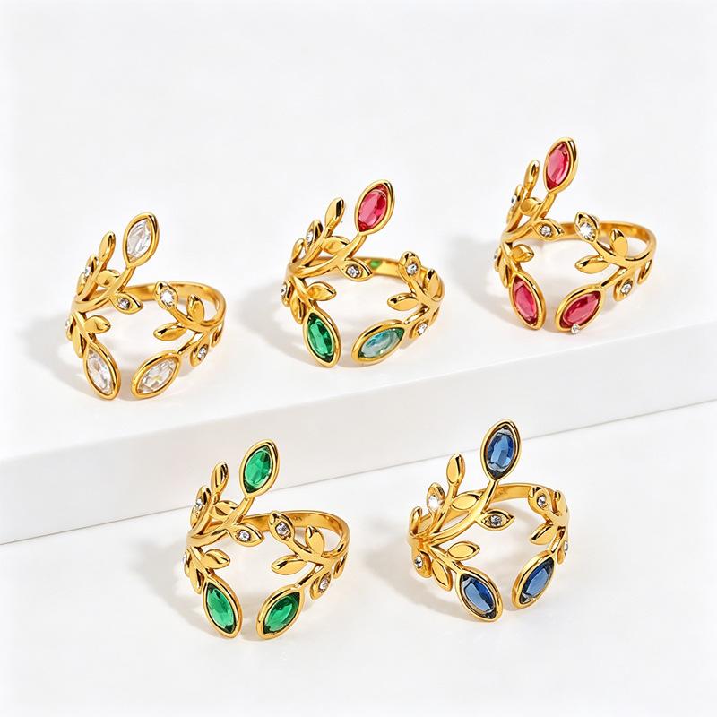 European and American Zircon Leaf Ring Does Not Fade, High Value Opening Fashion Couple Ring, Colored Titanium Steel Jewelry Ring