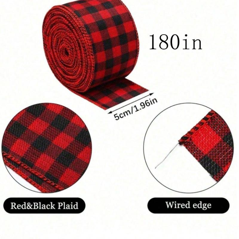 180in Red and Black Buffalo Plaid Burlap Ribbon, Christmas Ribbon Red and Black Plaid Christmas Wrapping Crafts Ribbon for Gift Wrapping Supplies