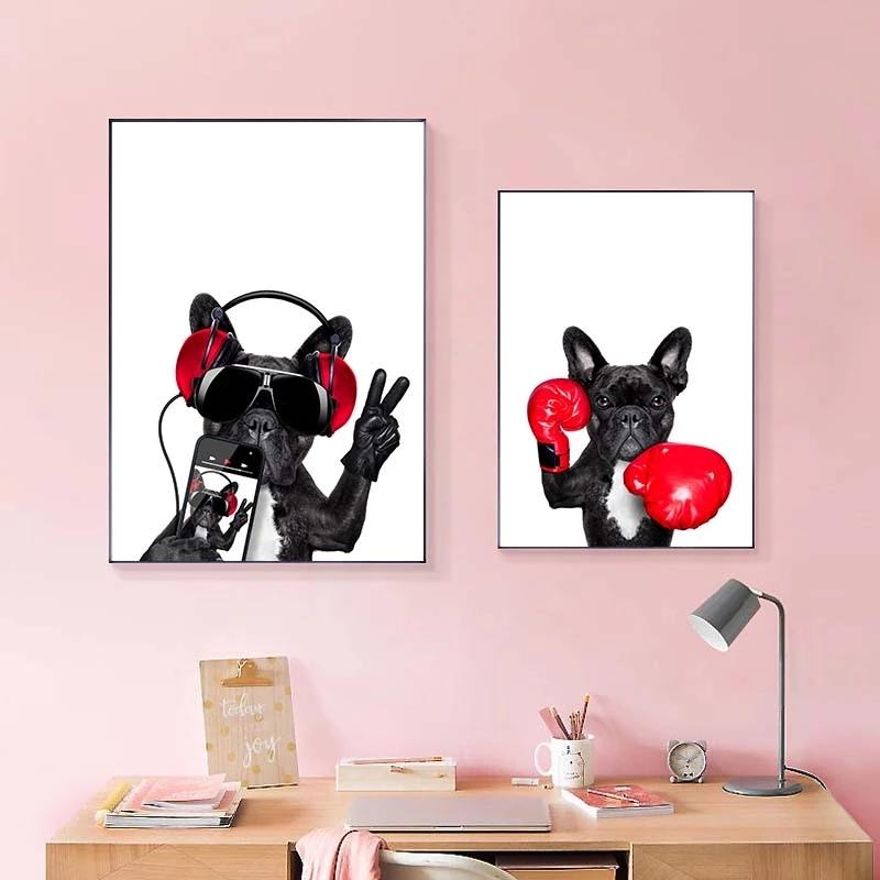 Funny Animal Wearing Headphones Wall Art Poster Cute Cat Dog Canvas Print Painting Nordic Kids Baby Room Decoration Pictures