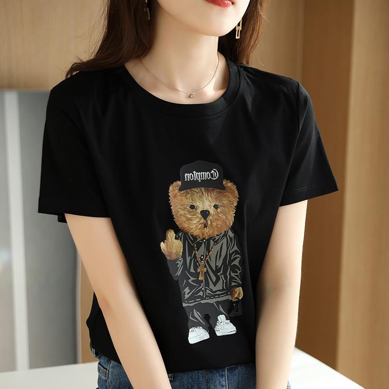 Women's Short-Sleeve Mercerized Cotton T-Shirt, Casual Round Neck, Lightweight Summer Loose Fit Top