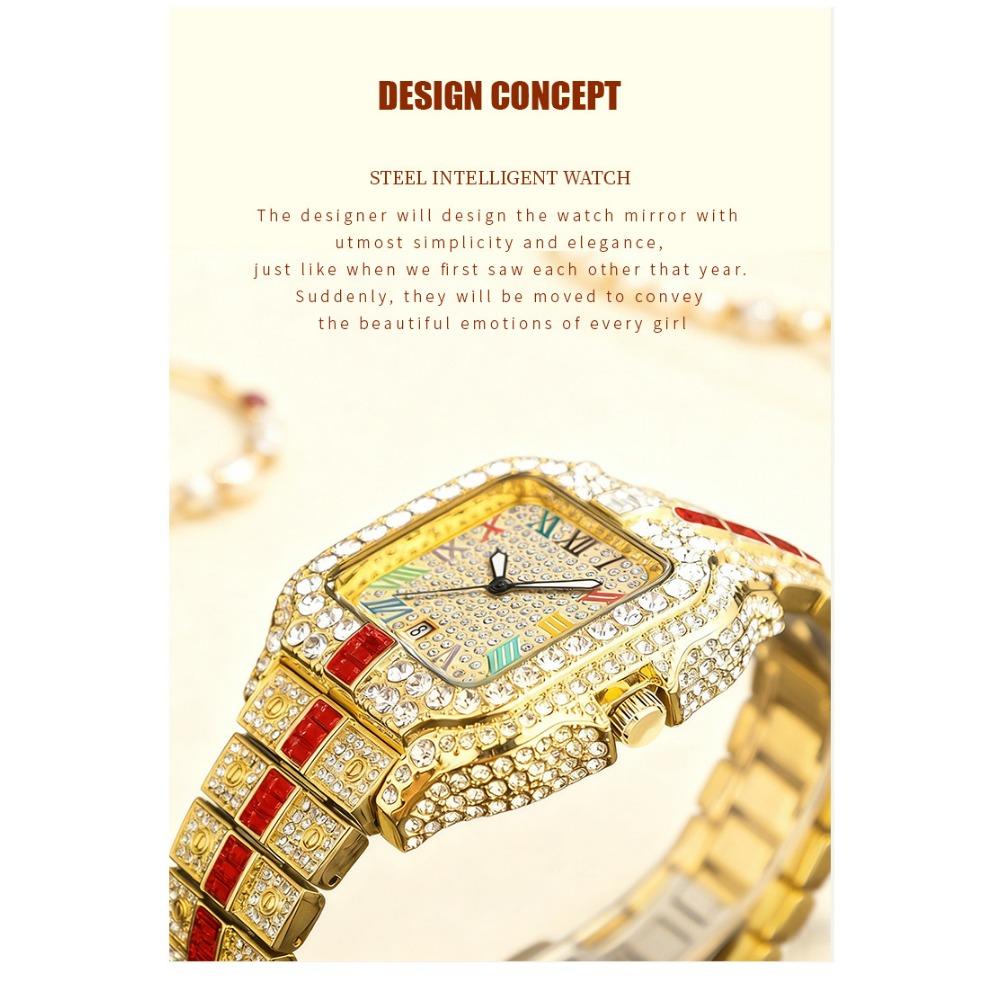 Hip Hop Iced Square Quartz Watch for Men Full Diamond Calendar Luxury Watch