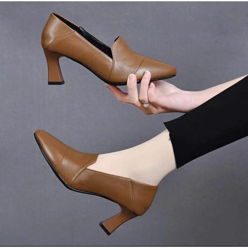 New Women s Pointed-toe Thick-heeled Versatile Basic Open-toe Leather Shoes, Single Shoes 34 хаки