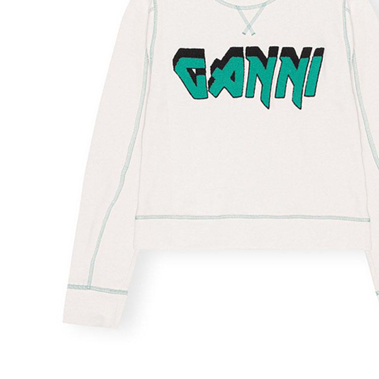 Ganni Ss23 Letter Logo Print Color Block Stitch Design Round Neck Sweatshirt Women sweatshirt White T3459-135