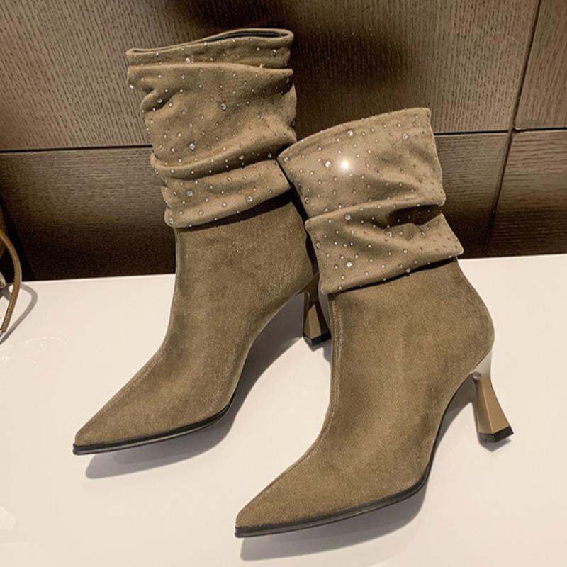 Crystal High Heels Ankle Women Boots Pointed Toe Suede Elegant Pumps Shoes Winter 2025 Trend Party Sexy Chelsea New Botas Mujer