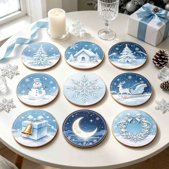 Christmas Wooden Coasters 9Pcs Set, Heat Resistant Cup Mats, Waterproof Non Slip Drink Round Table Protection Mats for Home Office Desk Accessories