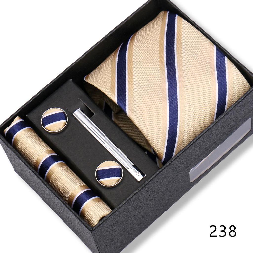 Men's Black & Wine Red Striped Plaid Tie Set with Pocket Square - Formal Wedding Gift Box