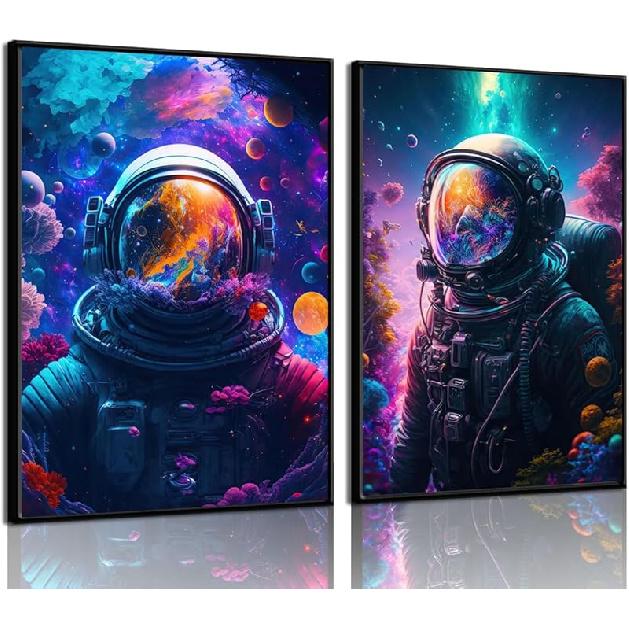 Cool Astronaut Wall Art Abstract Funny Spaceman in the Ocean Poster Picture Colorful Fantastic Universe Space Painting Prints Surrealism Planets 12x16 Unframed