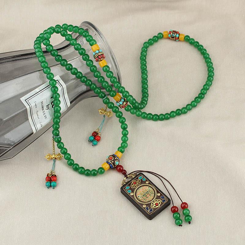 GEMCHIC Women s Tibetan Thangka Tassel Pendant Ethnic Style Long Chain Necklace with Green/Red Guanyin Design