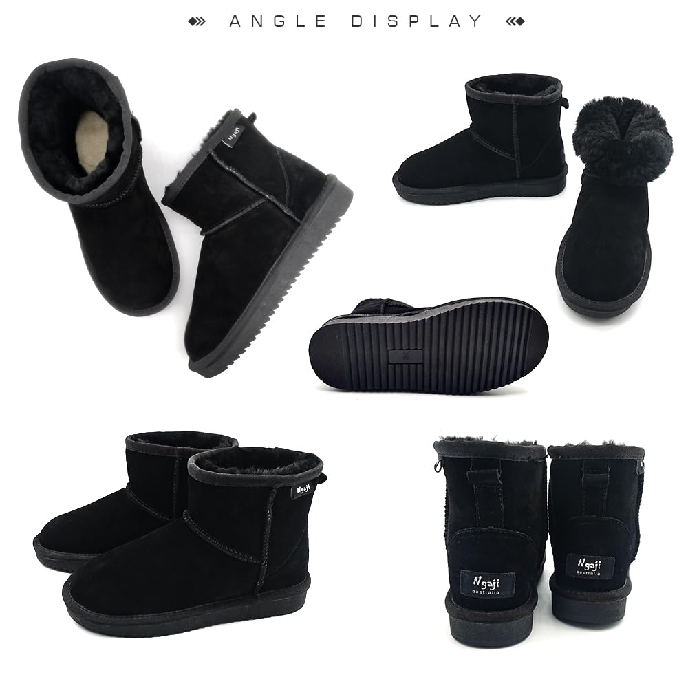 Sheepskin Genuine Cowhide and Sheep Short Boots with Warm Fur Fluffy Waterproof and A11 [N Gaji] Women's Boots, Fur, Lining, Non-Slip Sole, (Black,