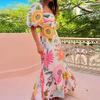 Summer Dress Elegant Women Flower Printed Maxi Dress High Waisted Short Sleeve Square Collar Fashion Holiday Dresses