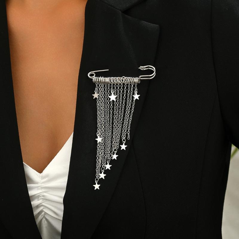 Fashion Silver Color Five-pointed Star Tassel Chain Brooches For Women Hip Hop Rock Metal Star Trousers Shortened Pins Jewelry