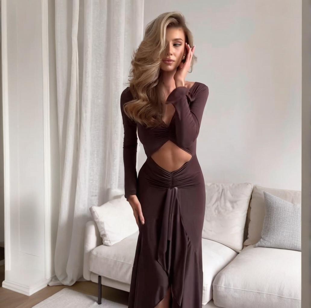 

Европейское и американское летнее платье 2025 с V-образным вырезом, ажурное, однотонное, с длинным рукавом, облегающее Small