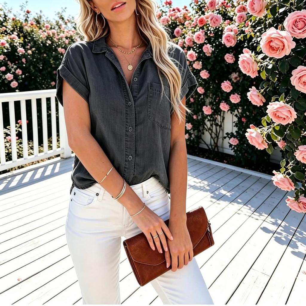 Women Light Blue Short Sleeve Denim Shirt Casual Button Down Top