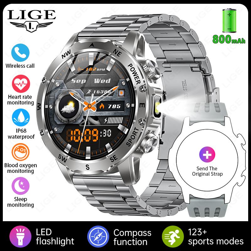800mAh Large Battery Durable Adult Smart Watch Compass LED Flashlight IP68 BT Call Heart Rate 100+ Sports Smartwatch Men