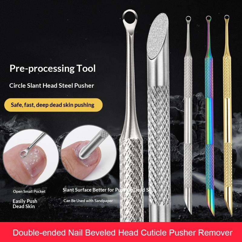 Double-Ended Nail Beveled Head Cuticle Pusher Remover Stainless Steel Cuticle Remover Manicure Sticks Nail Grinding File