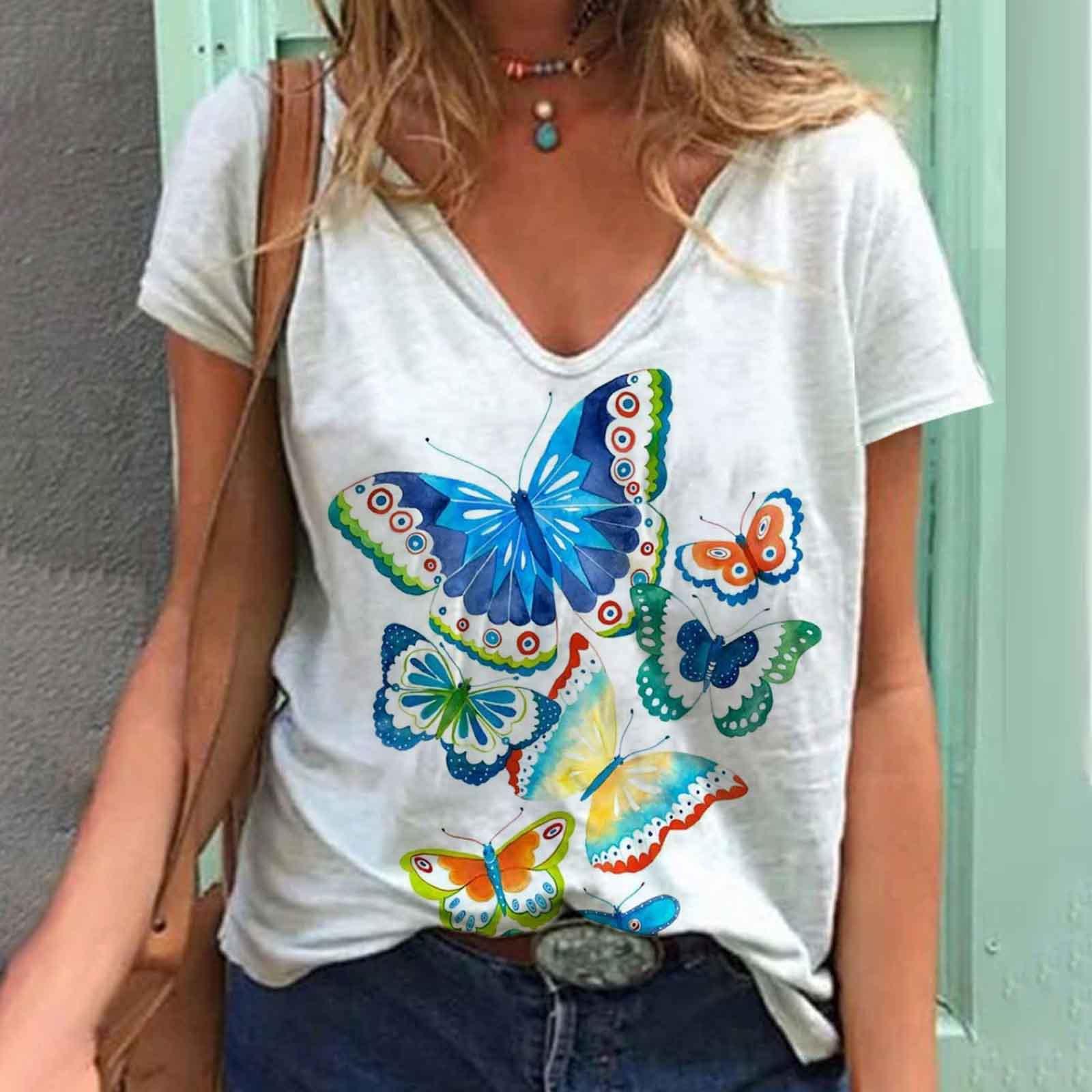 Женские футболки с V-образным вырезом и коротким рукавом с 3D-принтом и принтом бабочки — фото 10