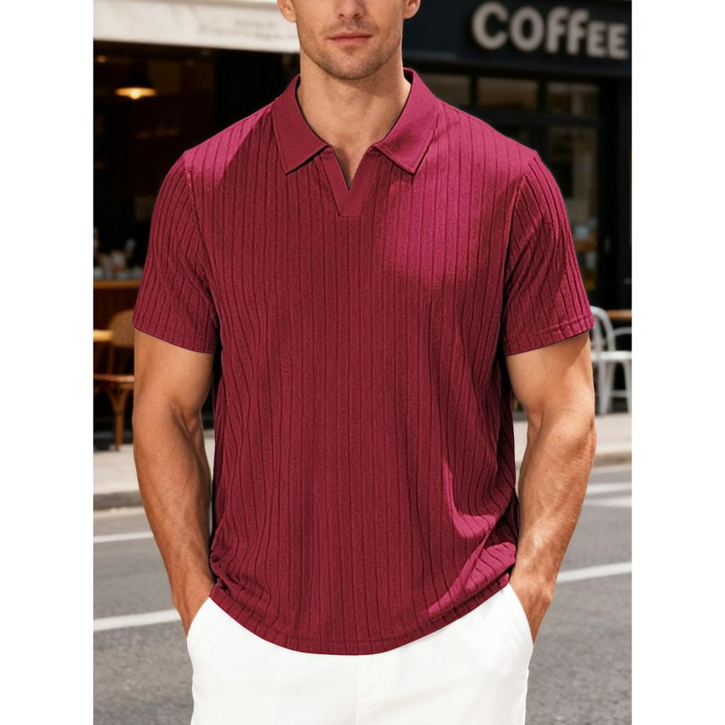 Summer Casual Breathable Towel Jacquard Lapel Men's Striped Short-sleeved Shirt