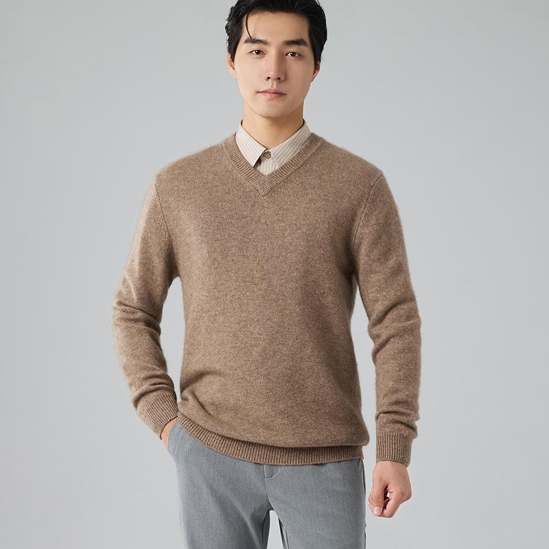 2025 New Thickened V-neck Cashmere Sweater Classic Simple Warm Knitted Sweater Solid Color Wool Sweater