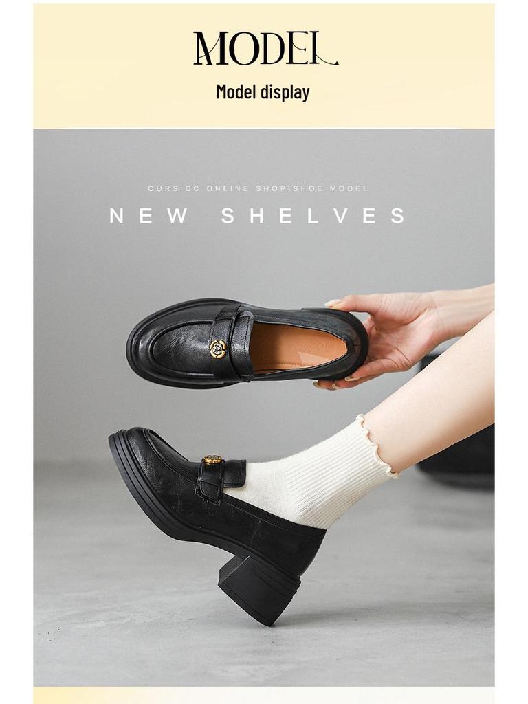 2025 Women's Retro Round Toe Camellia Loafers with Chunky Heel & Sheepskin Finish