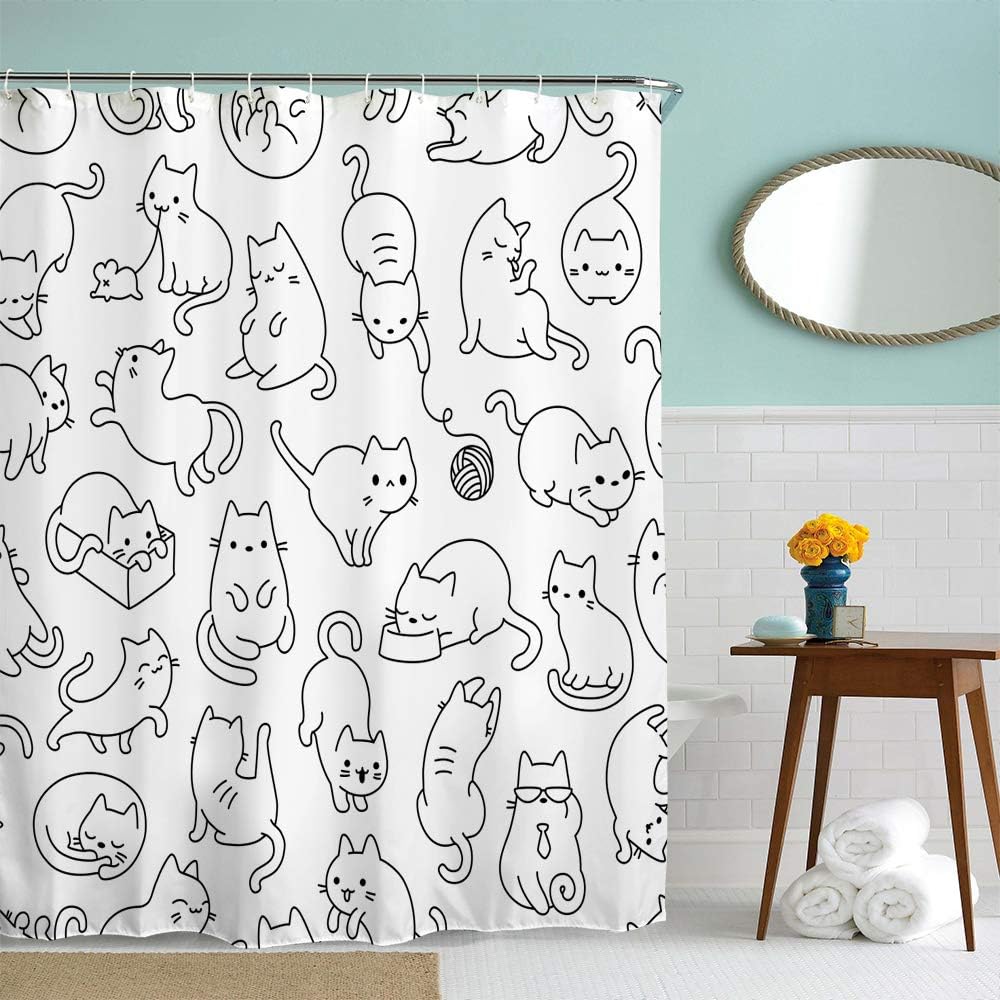 Shower Curtain for Bathroom with Hooks, Black and White Cute Cartoon Colorful Kittens Funny  Long Cloth Fabric Shower Curtain