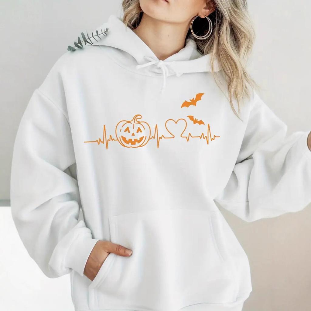 Ladies Spring Autumn Casual Hooded Long Sleeve Big Pocket Halloween Pumpkin Love Heart Printed Pullover Hoodies Sweatshirt Top
