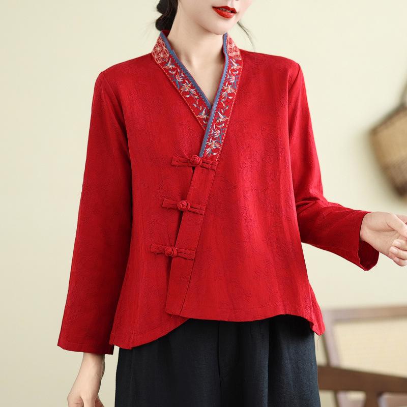 Chinese Retro Embroidered Frog Button Cotton-Linen Cardigan: Women’s Casual Artistic Hanfu Top M
